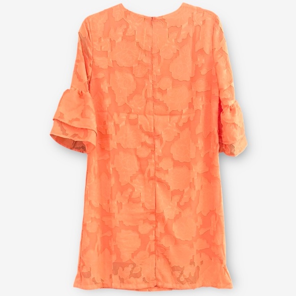 🆕  BELONGSCI Shift Design Dress V-Neck 3/4 Bell Sleeve. Orange. Size M.  NWT. - Picture 3 of 12
